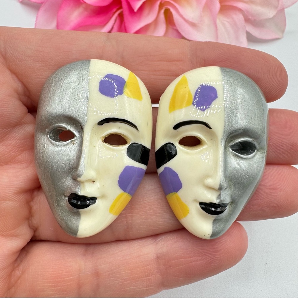 Vintage Mask Split Face Doll Carnival Earrings Artsy Avant Garde Fair Festival - Picture 2 of 10